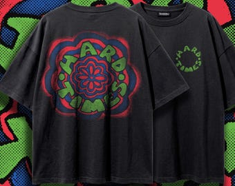 Colorful Hard Times Psychedelic Flower Oversized Tshirt, Y2K Grunge Airbrush Back Print Tee, Retro Groovy Aesthetic Streetwear Shirt