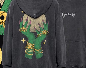Witchy Occult Hoodie, Oversized Vintage Wash Moon Witch Pullover, Whimsigoth Celestial Tarot Streetwear Hoodie, Dark Academia Witch Merch