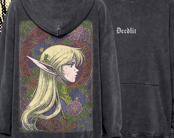Deedlit Lodoss War Hoodie, Oversized Vintage Wash Art Nouveau Elf Pullover, Cottagecore Fantasy Anime Streetwear Hoodie, Elf Maiden Merch