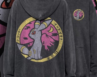 Pokemon Oversized Hoodie, Vintage Anime Back Print Sweatshirt, Nocturnal Gothic Japanese Streetwear, Washed Grunge Dark Aesthetic Hoodie