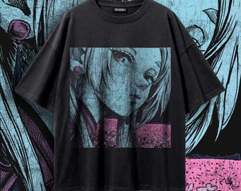 Vintage Anime Girl T-Shirt | Distressed Manga Graphic Tee | Retro Japanese Streetwear | Oversized Grunge Y2K Shirt | Cyber Neon