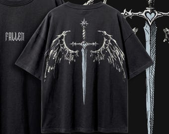 Fallen Angel Graphic Tee, Gothic Winged Sword Shirt, Cream Vintage Wash Grunge Streetwear, Alt Aesthetic Unisex Tee, Y2K Goth Clothing
