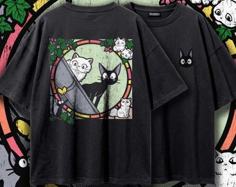 Kikis Delivery Service Shirt, Jiji Black Cat Tee, Studio Ghibli Oversized T-Shirt, Stained Glass Anime Cat Vintage Shirt, Cat Lover Gift