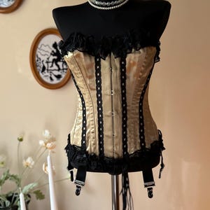 Vintage Champagne Gold Overbust Corset, Black Lace Trim, Made in England Gothic Garter Burlesque