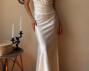 Vintage Ivory Satin Wedding Dress, Halter Neck Minimalist Bridal Gown, Ruched Draped Column Dress, Elegant Reception or Civil Wedding Dress