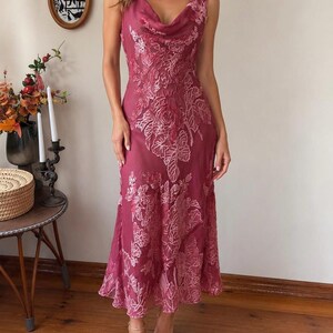Vintage Monsoon Silk Blend Velvet Devore Dress, Dusty Rose Floral Burnout Midi (UK 16)