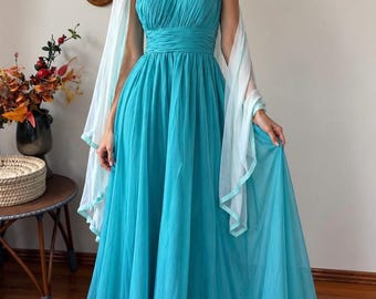 Vintage Turquoise Chiffon Evening Gown, Ruched Sweetheart Maxi Dress with Silk Scarf