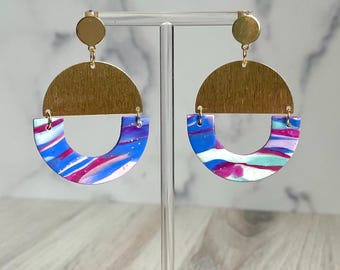 Nova Earring 6/16, Polymer Clay, Brass Half Moon, Dangle Earrings