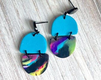 Turquoise & Marbled Polymer Clay Earrings, Modern Geometric Lightweight Dangle Earrings
