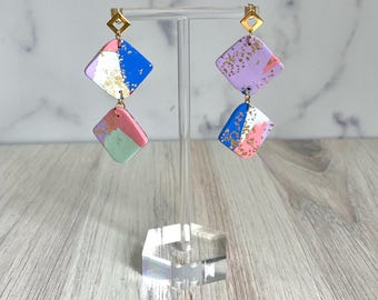 Marmorierte Polymer Clay Ohrringe mit Blattgold, Geometrische Diamant Ohrringe, Handgemachter Leichter Schmuck