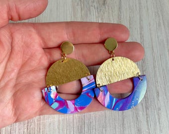 Nova Earring 1/16, Polymer Clay, Brass Half Moon, Dangle Earrings