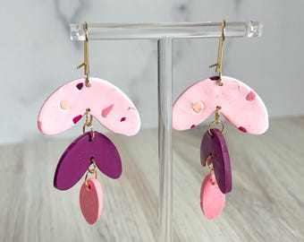 Cascade Petals Pink Polymer Clay Dangle Earrings, Speckled Pinks, Brass