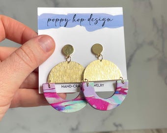 Nova Earring 3/16, Polymer Clay, Brass Half Moon, Dangle Earrings