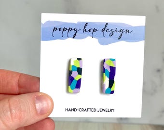 Confetti Polymer Clay Stud Earrings, Confetti Rectangle Studs, Colorful Handmade Jewelry