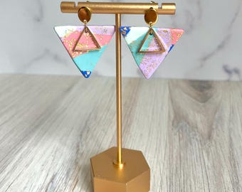 Gold Leaf Triangle Polymer Clay Earrings, Dangle Earring