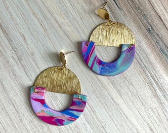 Nova Earring 7/16, Polymer Clay, Brass Half Moon, Dangle Earrings