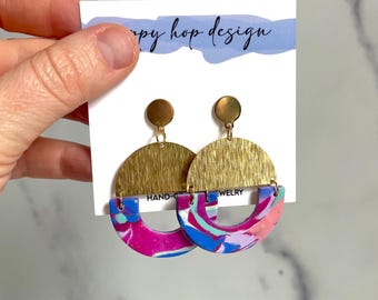 Nova Earring 4/16, Polymer Clay, Brass Half Moon, Dangle Earrings