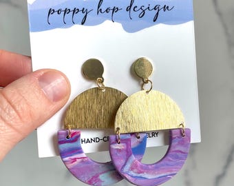 Nova Earring 11/16, Polymer Clay, Brass Half Moon, Dangle Earrings