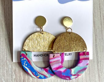 Nova Earring 8/16, Polymer Clay, Brass Half Moon, Dangle Earrings