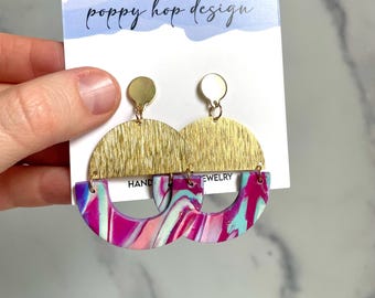 Nova Earring 5/16, Polymer Clay, Brass Half Moon, Dangle Earrings