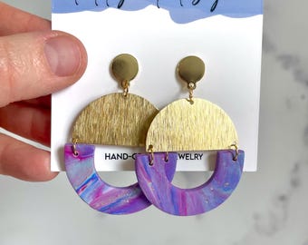 Nova Earring 10/16, Polymer Clay, Brass Half Moon, Dangle Earrings