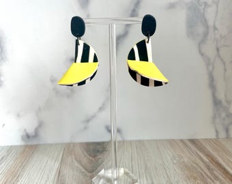 Graphic Stripe Clay Earrings, Neon Pop Folded Dangles, Bold Statement Jewelry, Sculptural Runway-Inspired