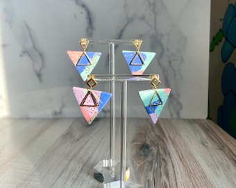 Geometric Polymer Clay Triangle Dangle Earrings, Statment Earrings, Gold Leaf
