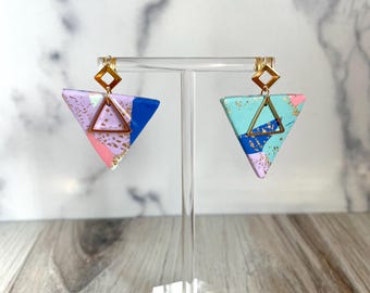 Gold Leaf Speckled Triangle Dangle Polymer Clay Earrings, Statement Earrings, Geometric