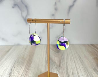 Marbled Polymer Clay Hoop Earrings, Purple Lime Turquoise Dangles