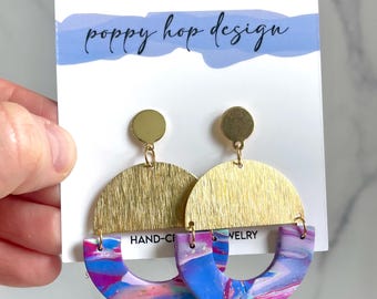 Nova Earring 2/16, Polymer Clay, Brass Half Moon, Dangle Earrings
