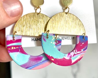 Nova Earring 9/16, Polymer Clay, Brass Half Moon, Dangle Earrings