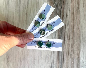 Handmade Polymer Clay Studs, Green & White Polymer Clay Stud Earrings, Silver Leaf, Handmade Jewelry