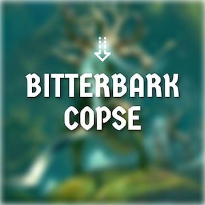 May include: Image with the words "BITTERBARK COPSE" in white, stylized font. A downward-pointing arrow is above the text. The background is a blurred, teal and green abstract design.
