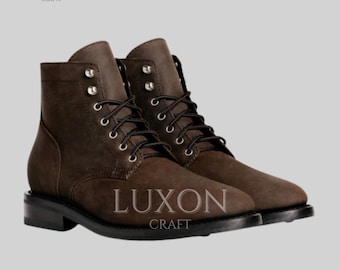 Handmade Tobacco Leather Work Boots – Custom Men’s Plain Toe Goodyear‑Welted Boots