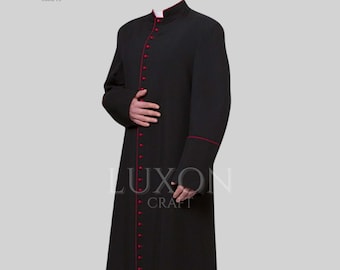 Custom Black Wool Roman Cassock with Red Piping - Custom Made Liturgical Vestment