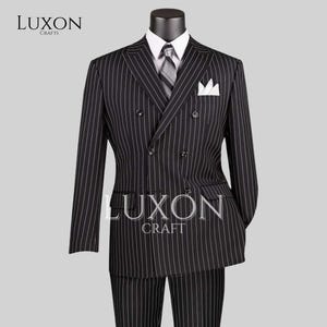 Black Pinstripe Suit Men | 1920s Gatsby Gangster Costume | Double Breasted Vintage Tuxedo | Formal Wedding Outfit | Custom Tailored Suit