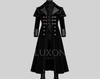 Black Velvet Gothic Men’s Long Coat | Victorian Steampunk Tailcoat | Custom Handmade Vampire Jacket | Regency Gothic Suit | Carnival Costume