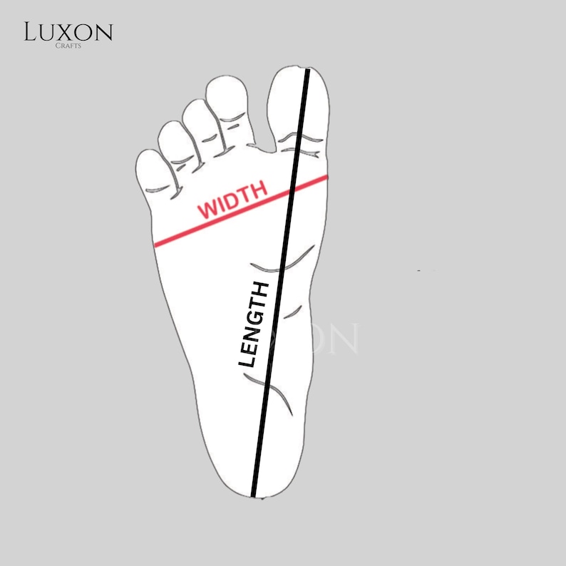 Może przedstawiać: Ilustracja stopy z wymiarami długości i szerokości. Słowo "SZEROKOŚĆ" jest czerwone, a "DŁUGOŚĆ" czarne. Logo "LUXON CRAFTS" znajduje się w lewym g&oacute;rnym rogu. Szare tło.