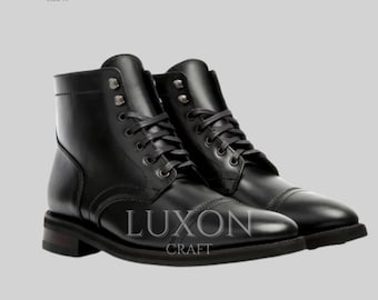 Handmade Men’s Black Cap-Toe Boots – Custom Goodyear Welted Leather Work Boots
