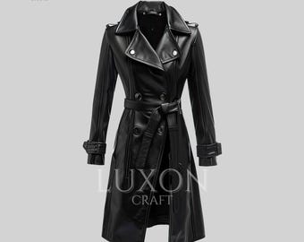 Women's Genuine Leather Trench Coat - Belted Elegant Outerwear