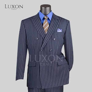Navy Blue Pinstripe Suit Men | 1920s Gatsby Gangster Costume | Double Breasted Vintage Tuxedo | Formal Wedding Outfit | Custom Tailored Suit