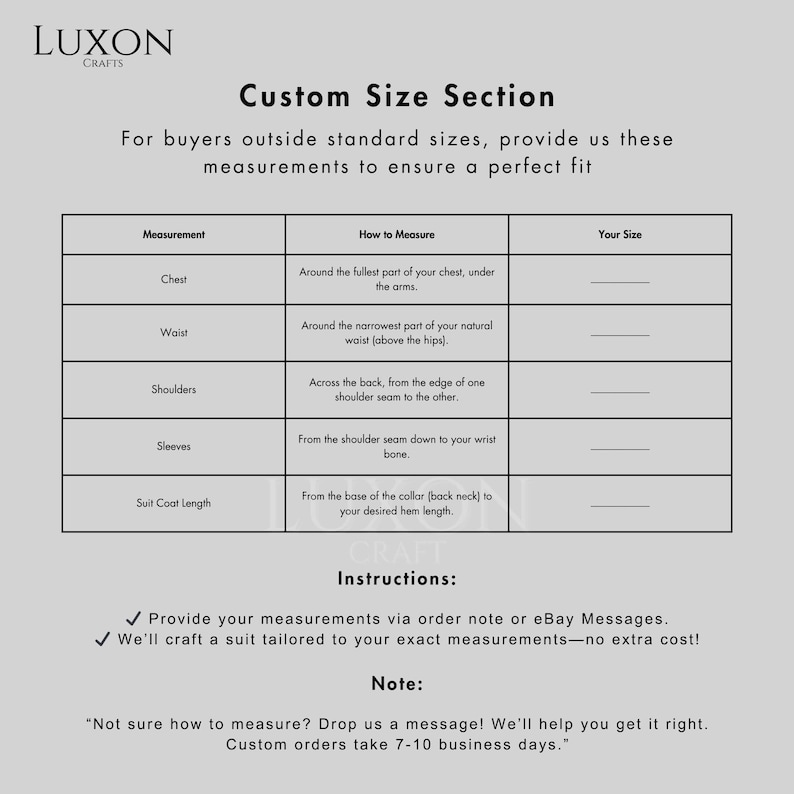 Chart for custom tailor suit