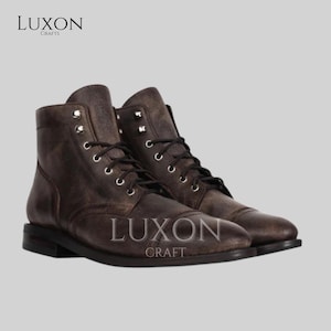 Custom Rugged Cap Toe Service Boots – Handmade Men’s Lace-Up Work Boots – Custom Fit Full-Grain Leather