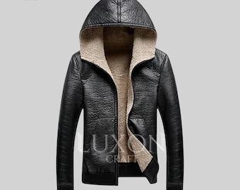 Giacca in pelle nera da uomo con cappuccio – Elegante e confortevole, capospalla in vera pelle