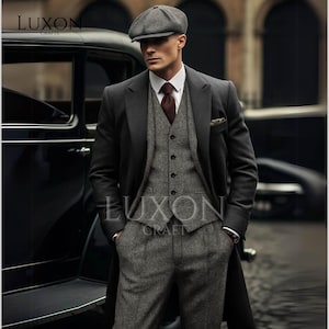 Men&#39;s 3-Piece Grey Tweed Suit with Long Coat | Peaky Blinders Style Vintage Wool Suit | 1920s Gangster Wedding Suit | Custom-Tailored Suit