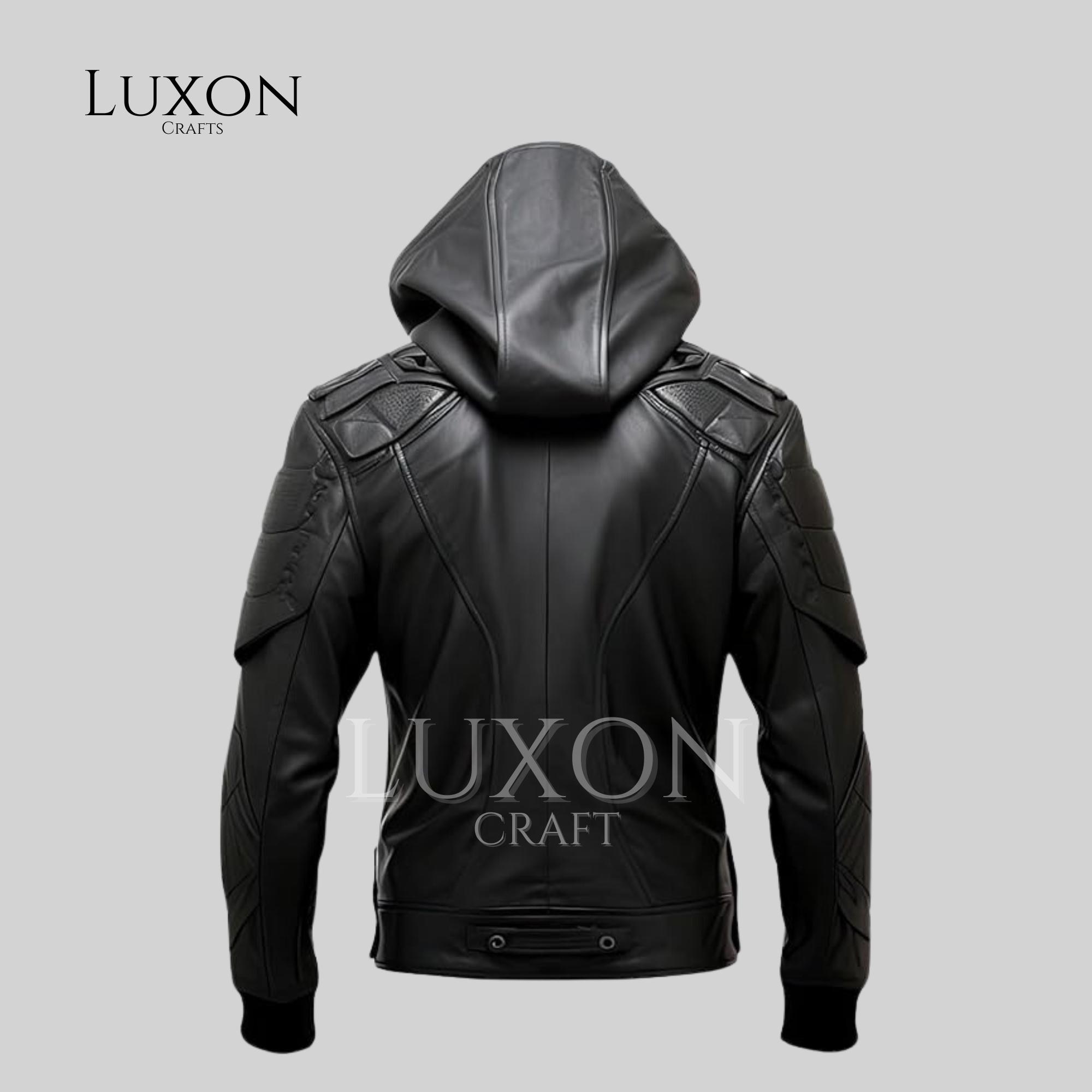 メンズ ブラック 本革 バイカージャケット - フード付き モトスタイル