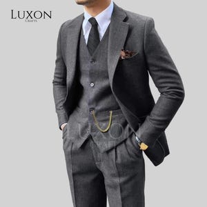 Grey Tweed Peaky Blinders Suit – 3 Piece Vintage Thomas Shelby Style Wedding Suit, Custom Tailored Men&#39;s Formal Tweed Outfit
