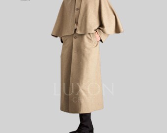 Men's Beige Wool Inverness Cape Coat: Vintage Steampunk Sherlock Holmes Cloak