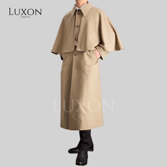 Men's Beige Wool Inverness Cape Coat: Vintage Steampunk Sherlock