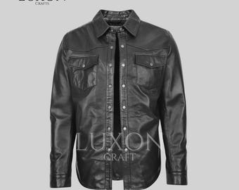 Men's Black Leather Trucker Shirt: Vintage Western Style